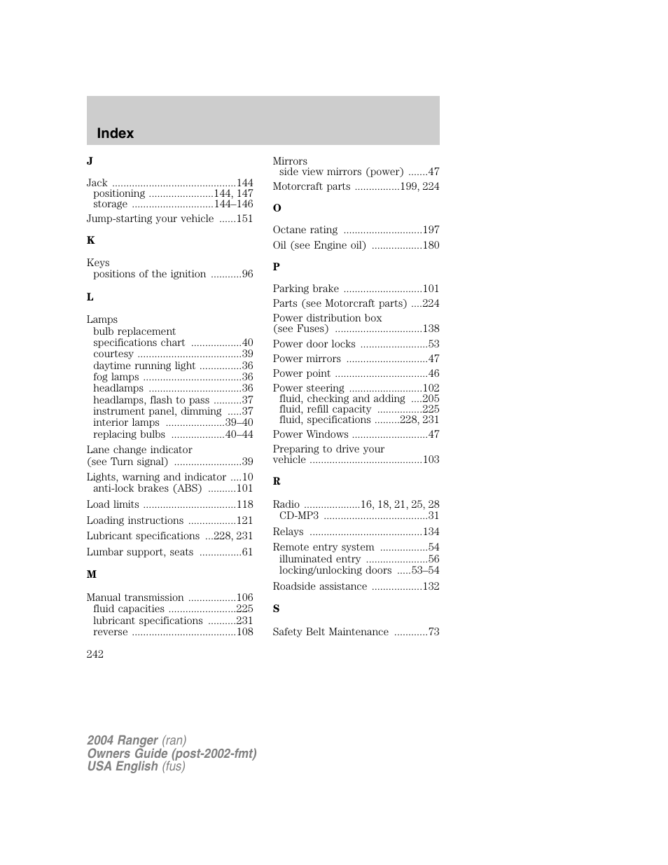 Index | FORD 2004 Ranger v.1 User Manual | Page 242 / 248