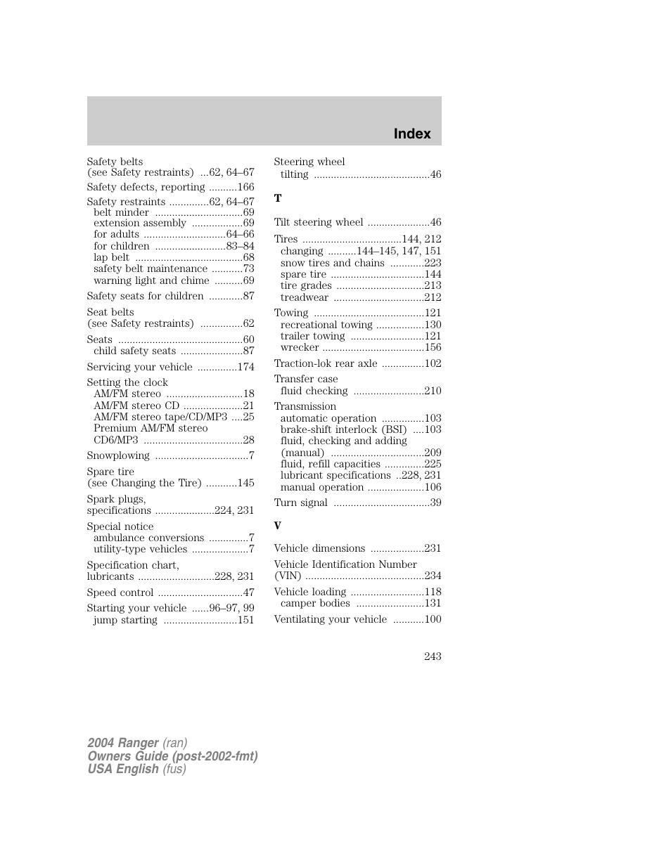 Index | FORD 2004 Ranger v.1 User Manual | Page 243 / 248