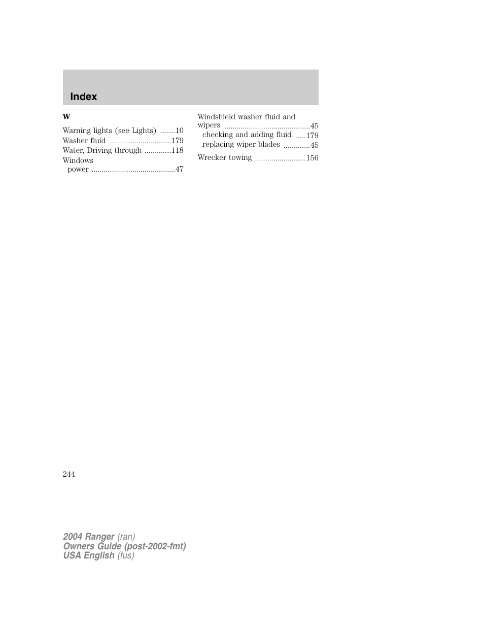 Index | FORD 2004 Ranger v.1 User Manual | Page 244 / 248