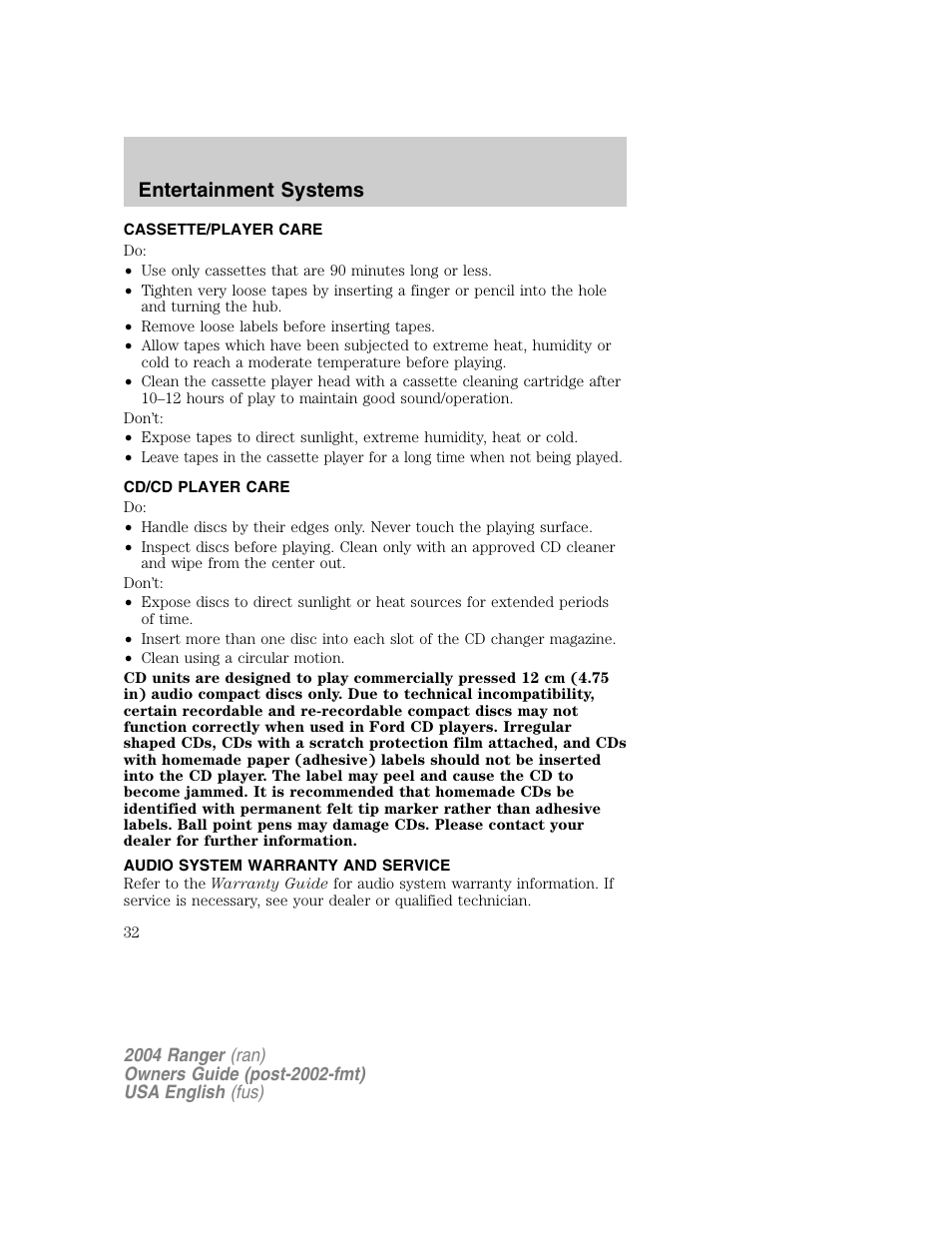 Entertainment systems | FORD 2004 Ranger v.1 User Manual | Page 32 / 248