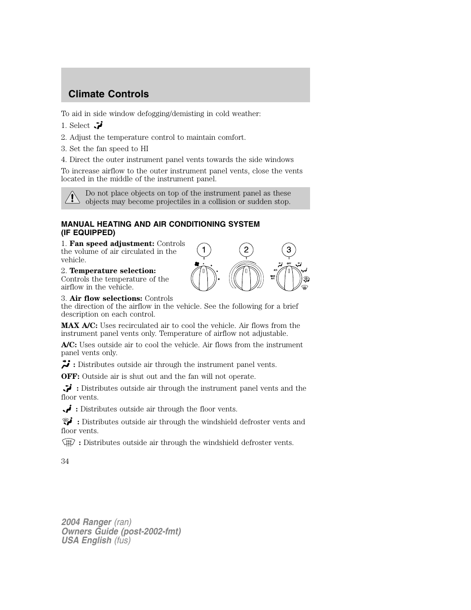 Climate controls | FORD 2004 Ranger v.1 User Manual | Page 34 / 248