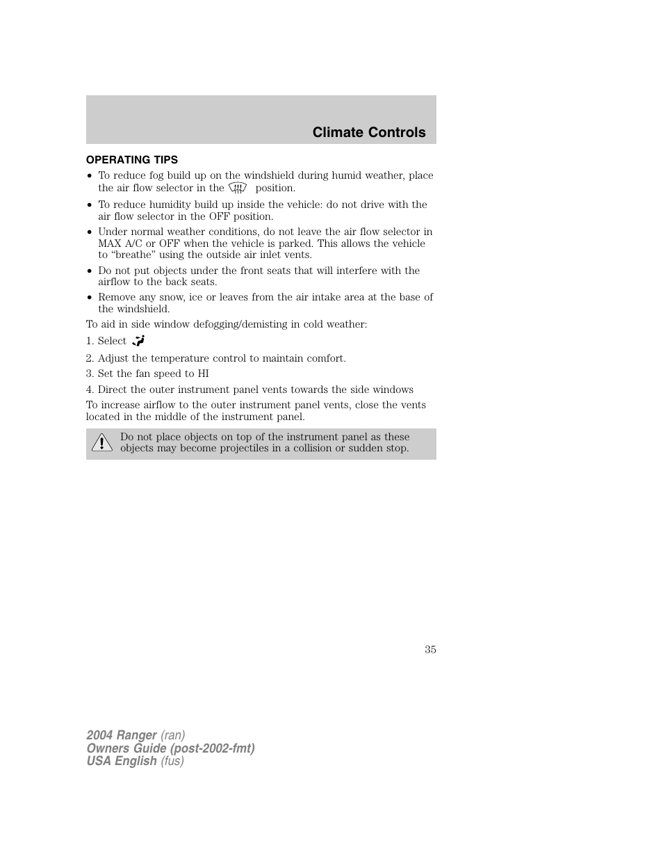 Climate controls | FORD 2004 Ranger v.1 User Manual | Page 35 / 248