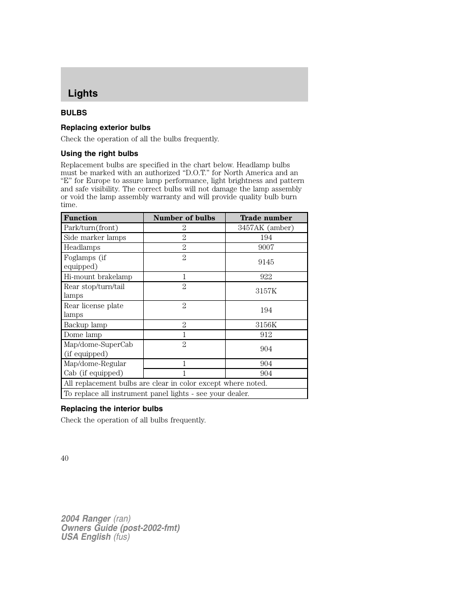 Lights | FORD 2004 Ranger v.1 User Manual | Page 40 / 248