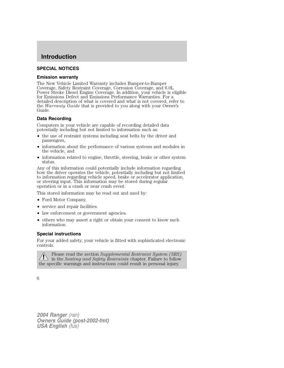 Introduction | FORD 2004 Ranger v.1 User Manual | Page 6 / 248