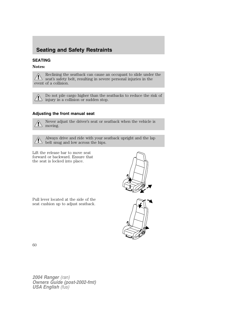 Seating and safety restraints | FORD 2004 Ranger v.1 User Manual | Page 60 / 248