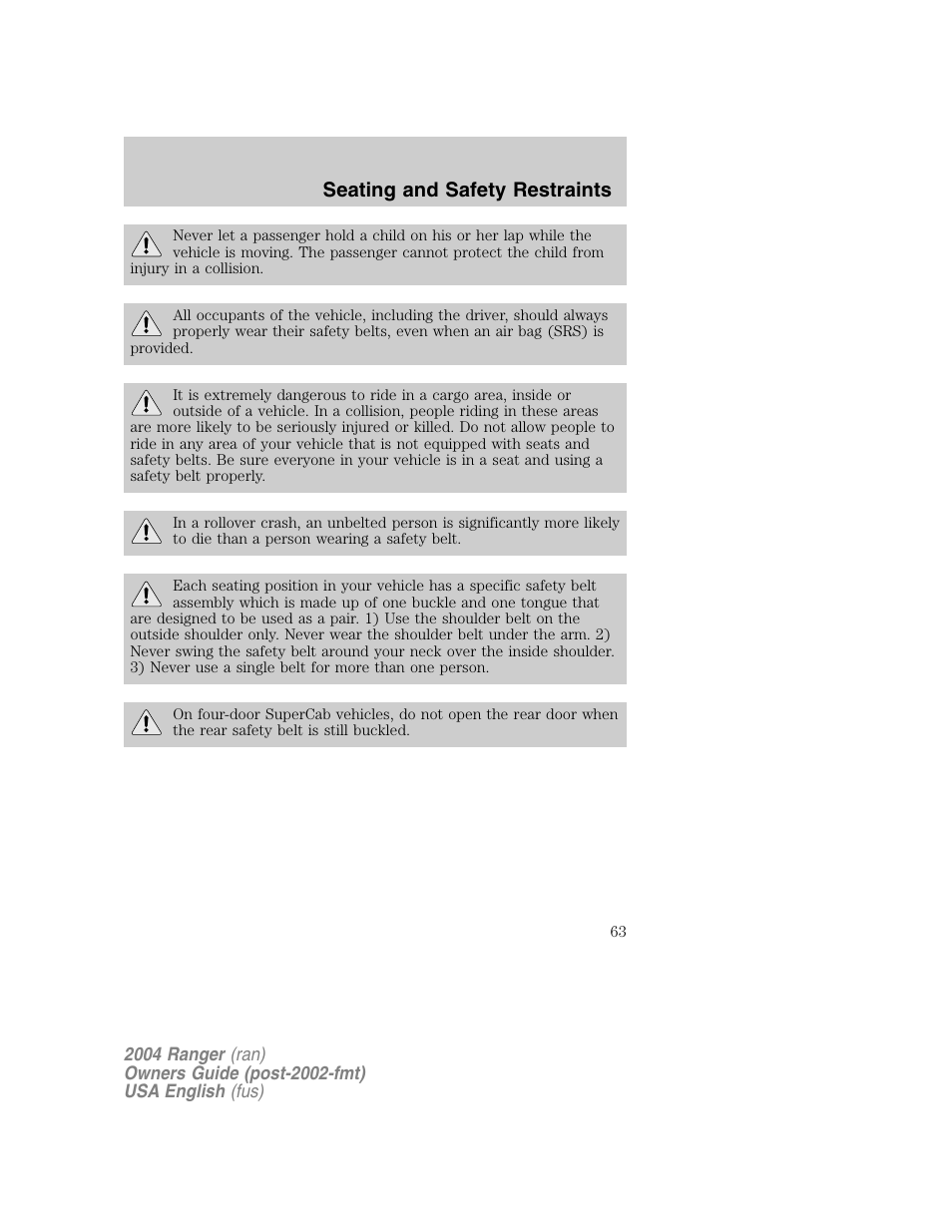 Seating and safety restraints | FORD 2004 Ranger v.1 User Manual | Page 63 / 248