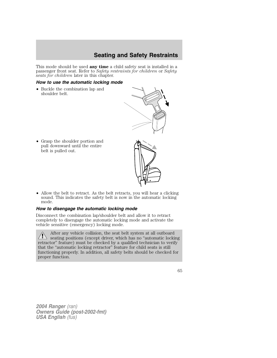 Seating and safety restraints | FORD 2004 Ranger v.1 User Manual | Page 65 / 248