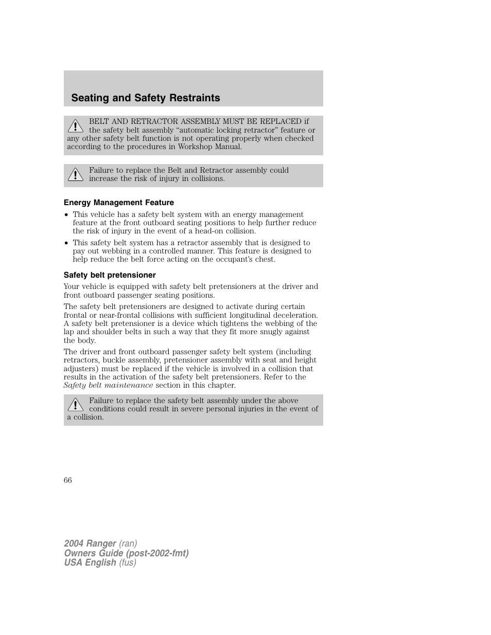 Seating and safety restraints | FORD 2004 Ranger v.1 User Manual | Page 66 / 248