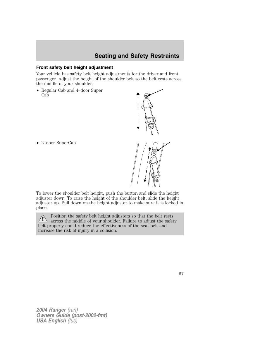 Seating and safety restraints | FORD 2004 Ranger v.1 User Manual | Page 67 / 248