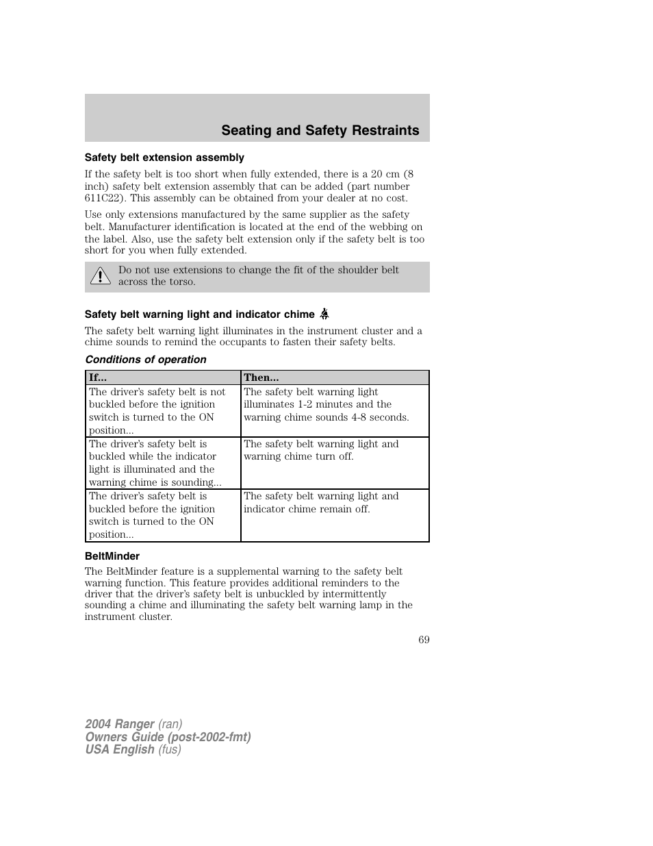 Seating and safety restraints | FORD 2004 Ranger v.1 User Manual | Page 69 / 248