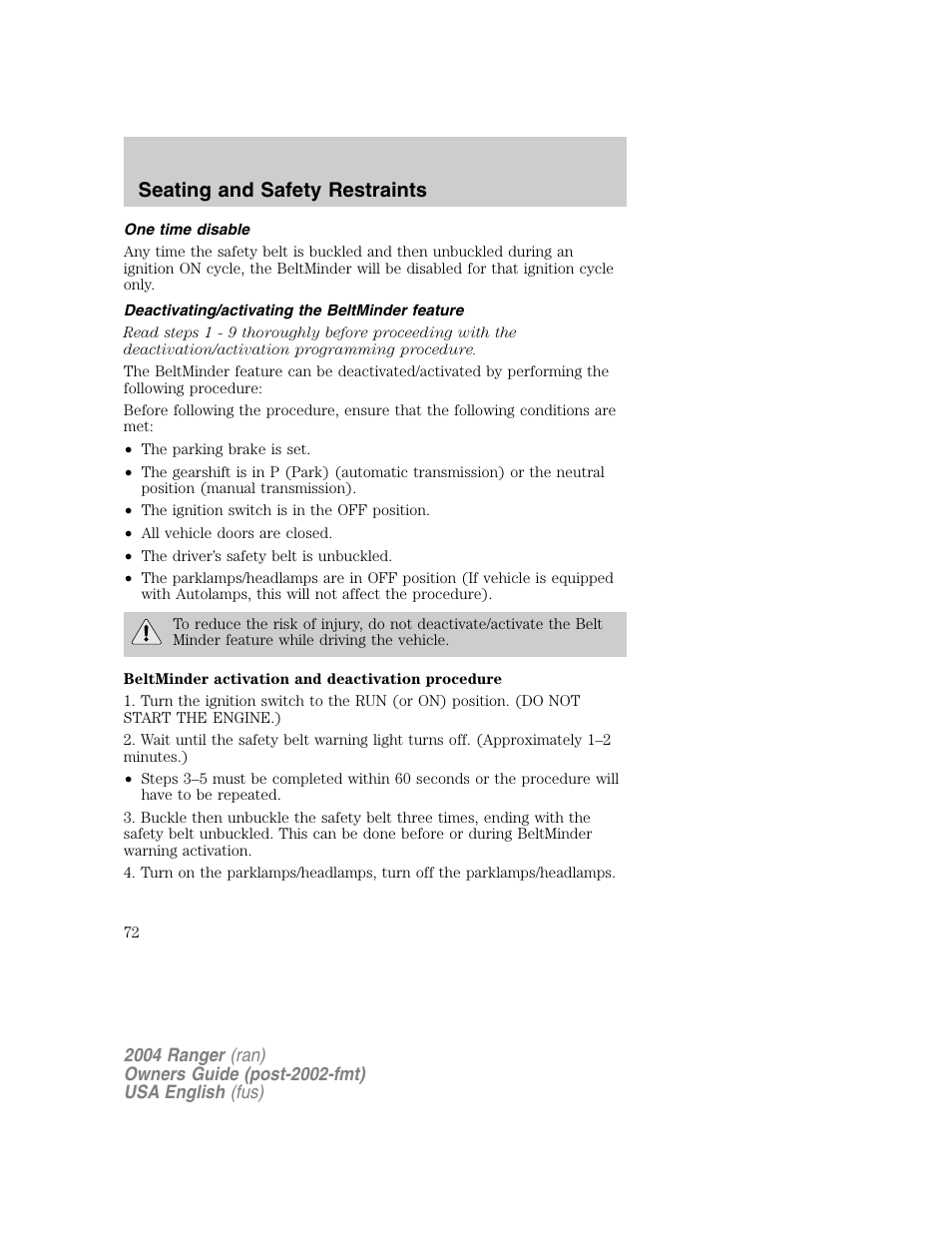 Seating and safety restraints | FORD 2004 Ranger v.1 User Manual | Page 72 / 248