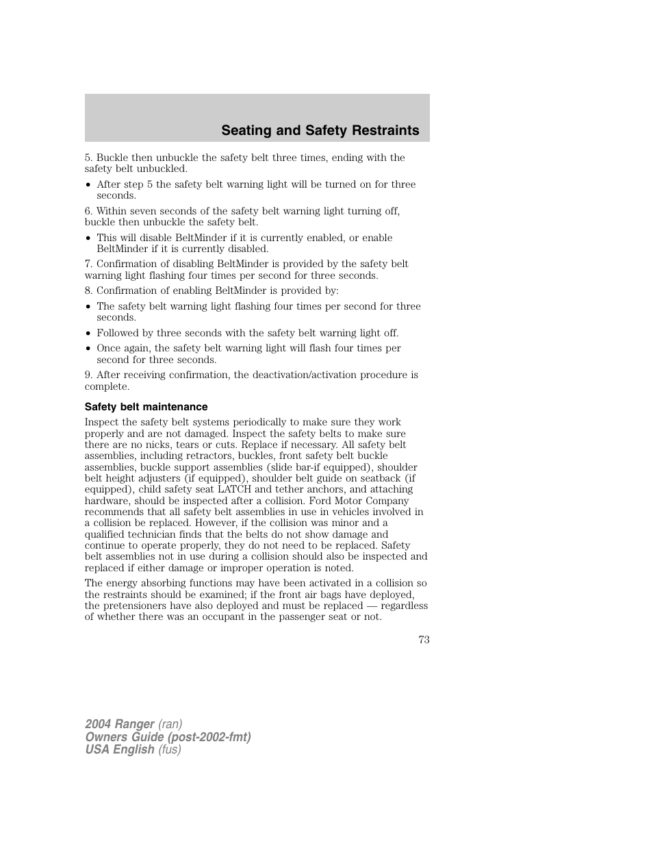 Seating and safety restraints | FORD 2004 Ranger v.1 User Manual | Page 73 / 248