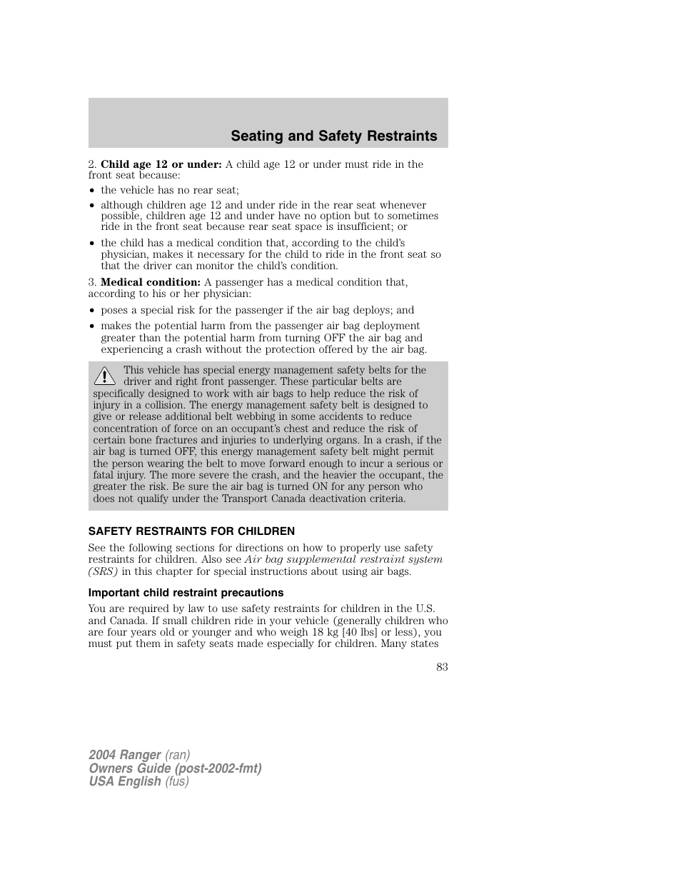 Seating and safety restraints | FORD 2004 Ranger v.1 User Manual | Page 83 / 248