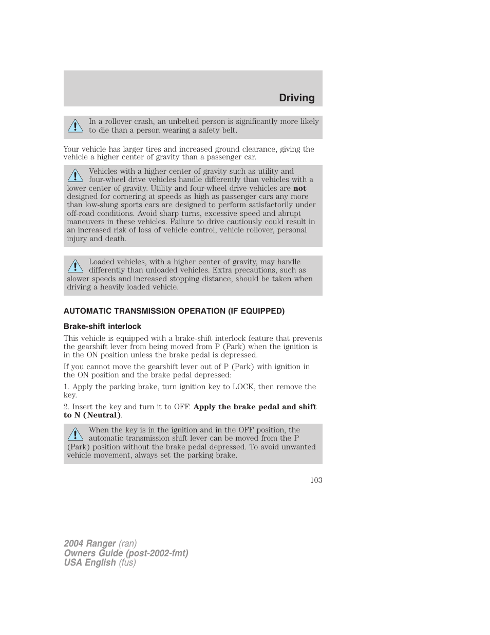 Driving | FORD 2004 Ranger v.2 User Manual | Page 103 / 248