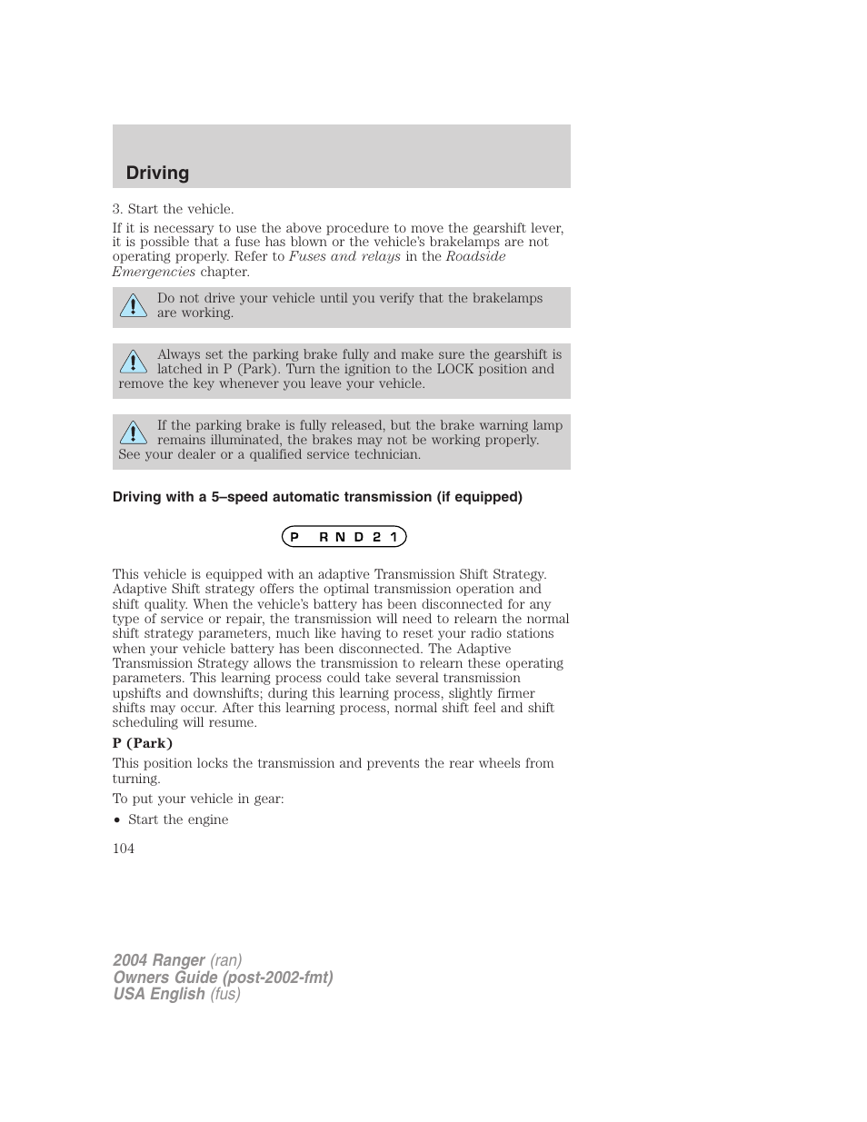 Driving | FORD 2004 Ranger v.2 User Manual | Page 104 / 248