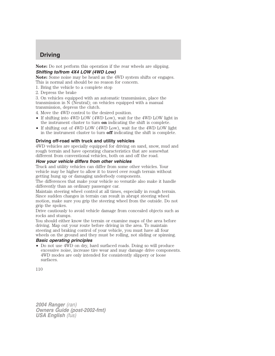 Driving | FORD 2004 Ranger v.2 User Manual | Page 110 / 248