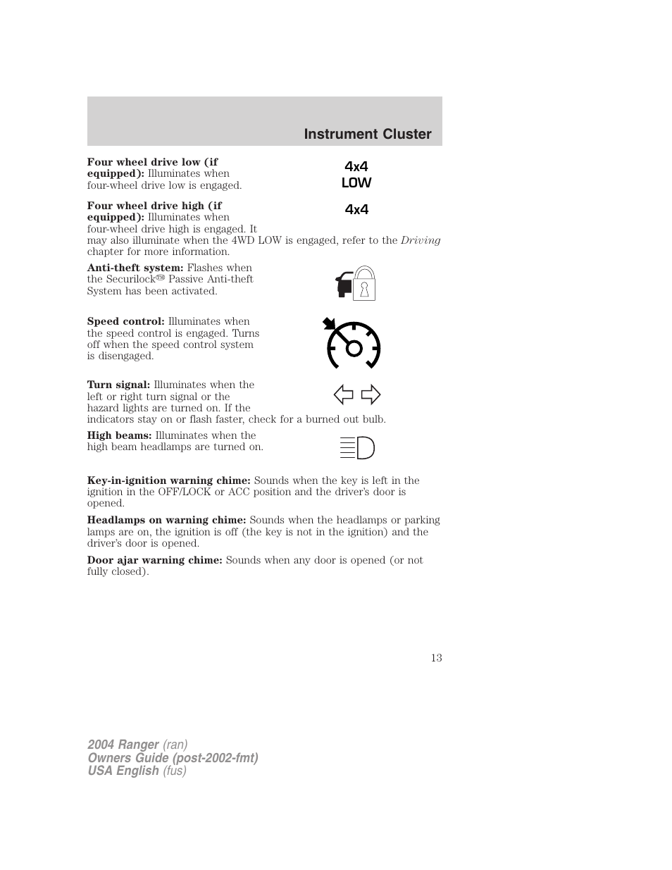 Instrument cluster | FORD 2004 Ranger v.2 User Manual | Page 13 / 248