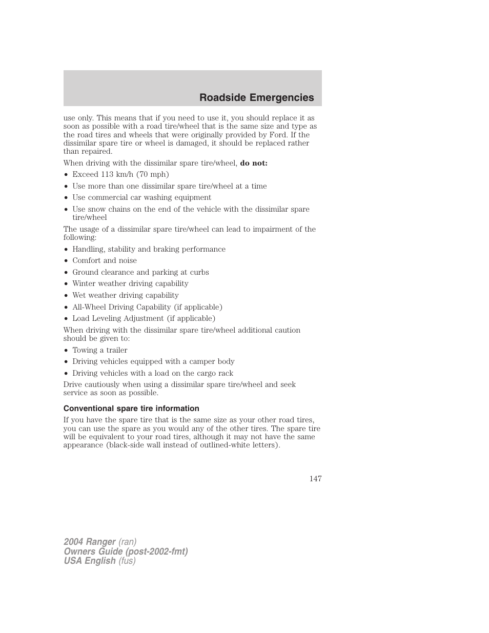 Roadside emergencies | FORD 2004 Ranger v.2 User Manual | Page 147 / 248