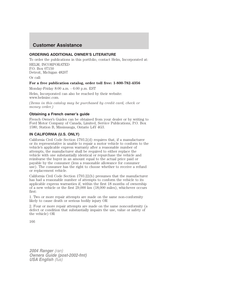 Customer assistance | FORD 2004 Ranger v.2 User Manual | Page 166 / 248