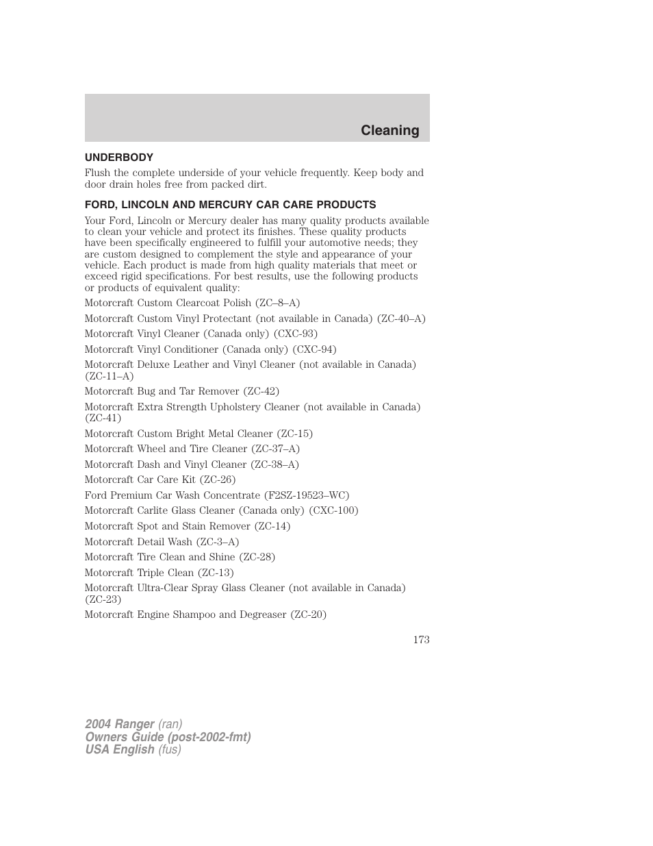 Cleaning | FORD 2004 Ranger v.2 User Manual | Page 173 / 248