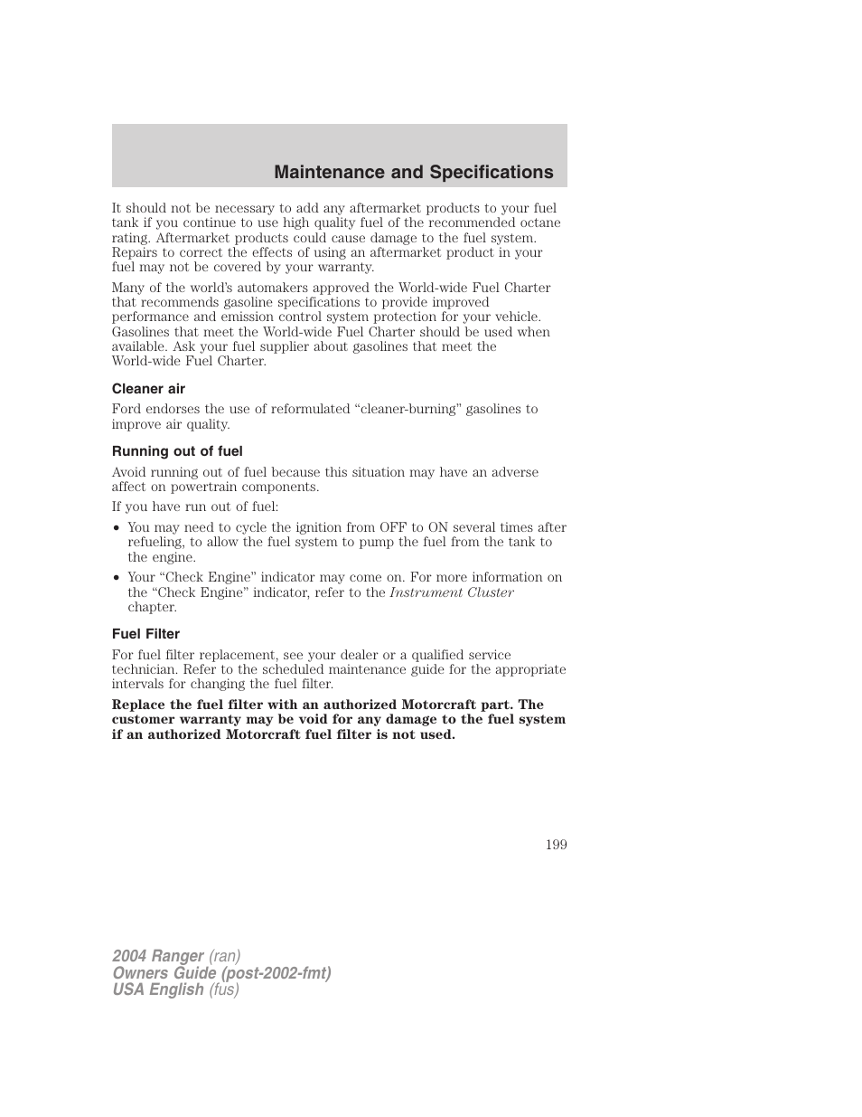 Maintenance and specifications | FORD 2004 Ranger v.2 User Manual | Page 199 / 248