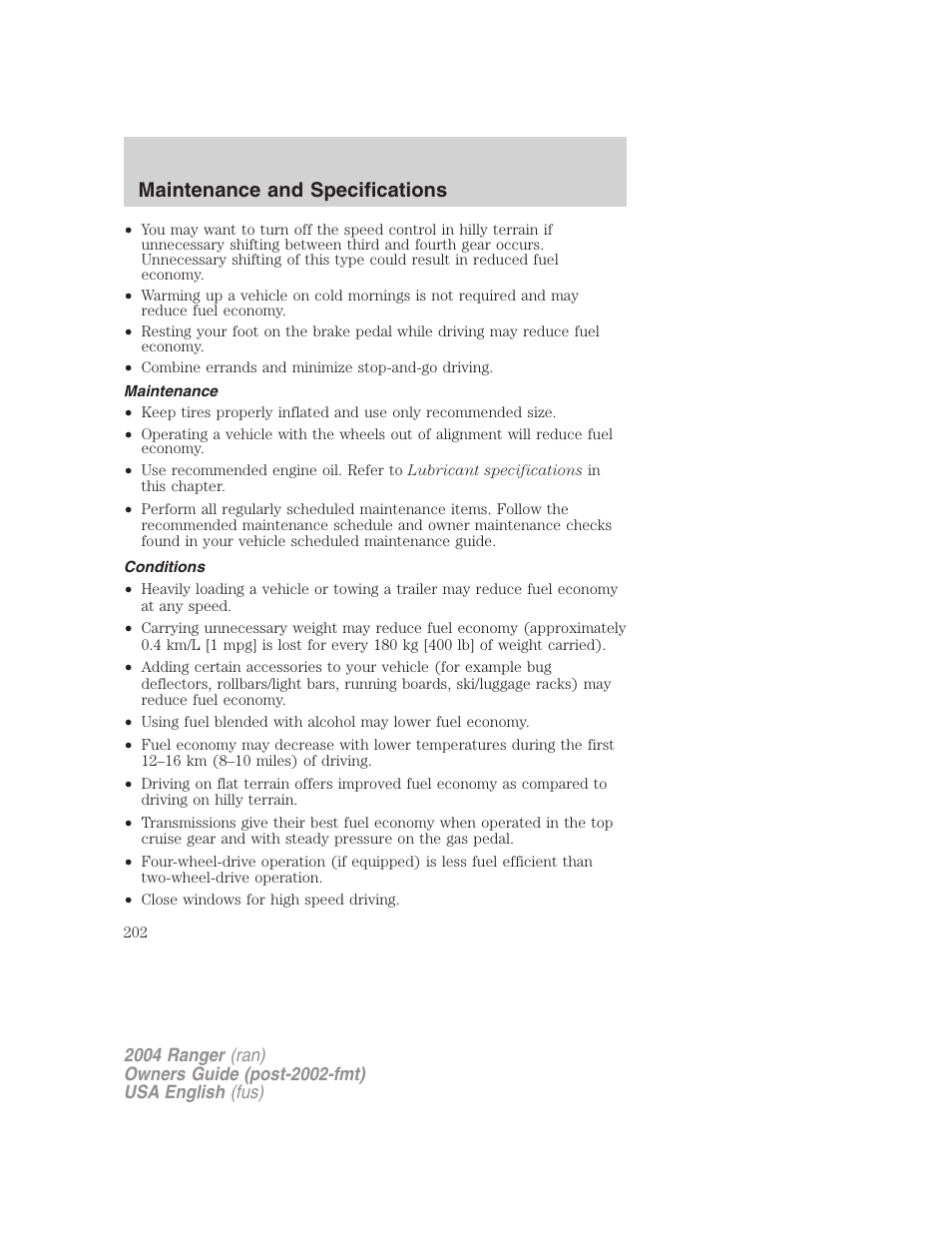 Maintenance and specifications | FORD 2004 Ranger v.2 User Manual | Page 202 / 248