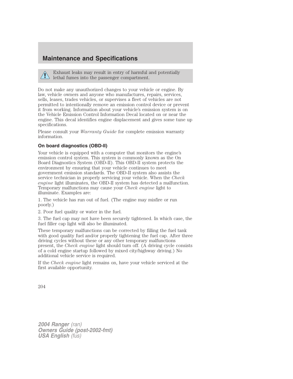 Maintenance and specifications | FORD 2004 Ranger v.2 User Manual | Page 204 / 248