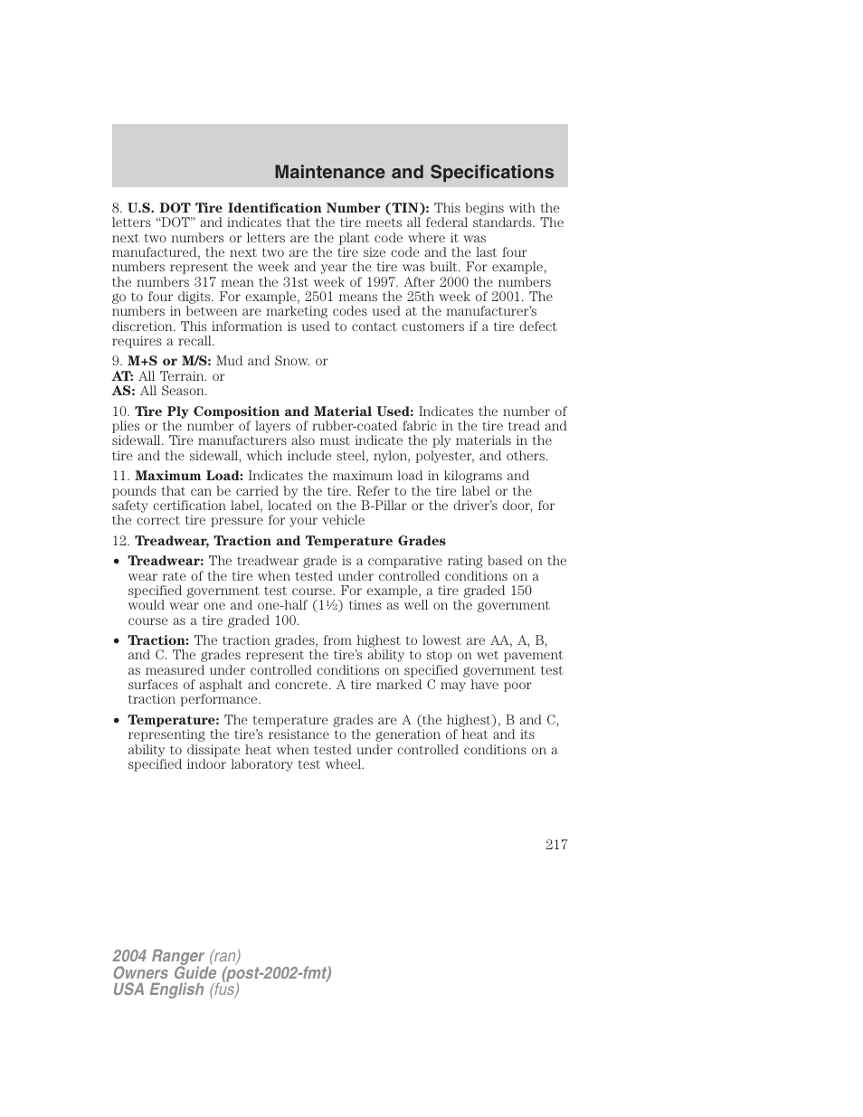 Maintenance and specifications | FORD 2004 Ranger v.2 User Manual | Page 217 / 248