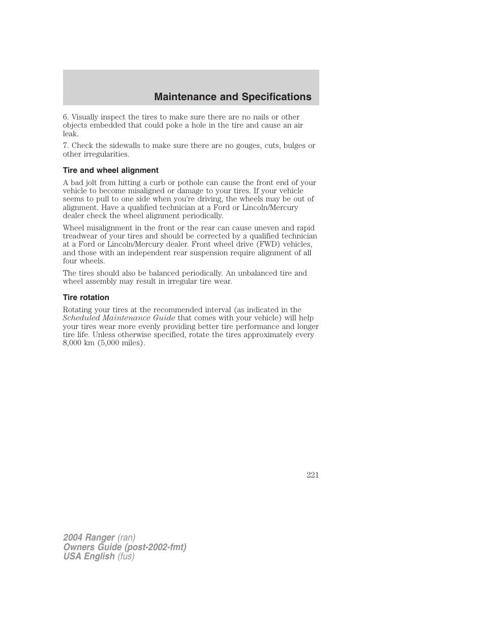 Maintenance and specifications | FORD 2004 Ranger v.2 User Manual | Page 221 / 248