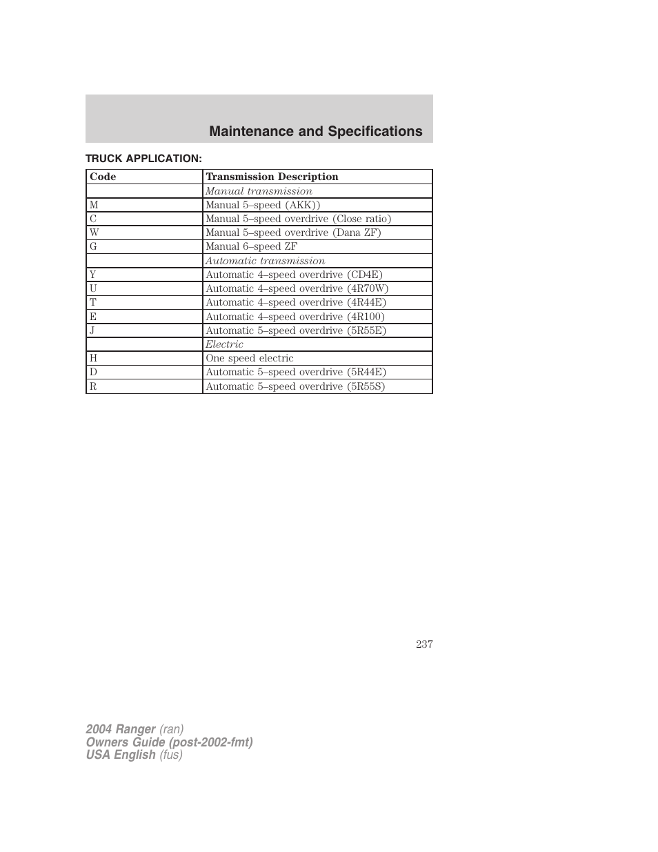 Maintenance and specifications | FORD 2004 Ranger v.2 User Manual | Page 237 / 248