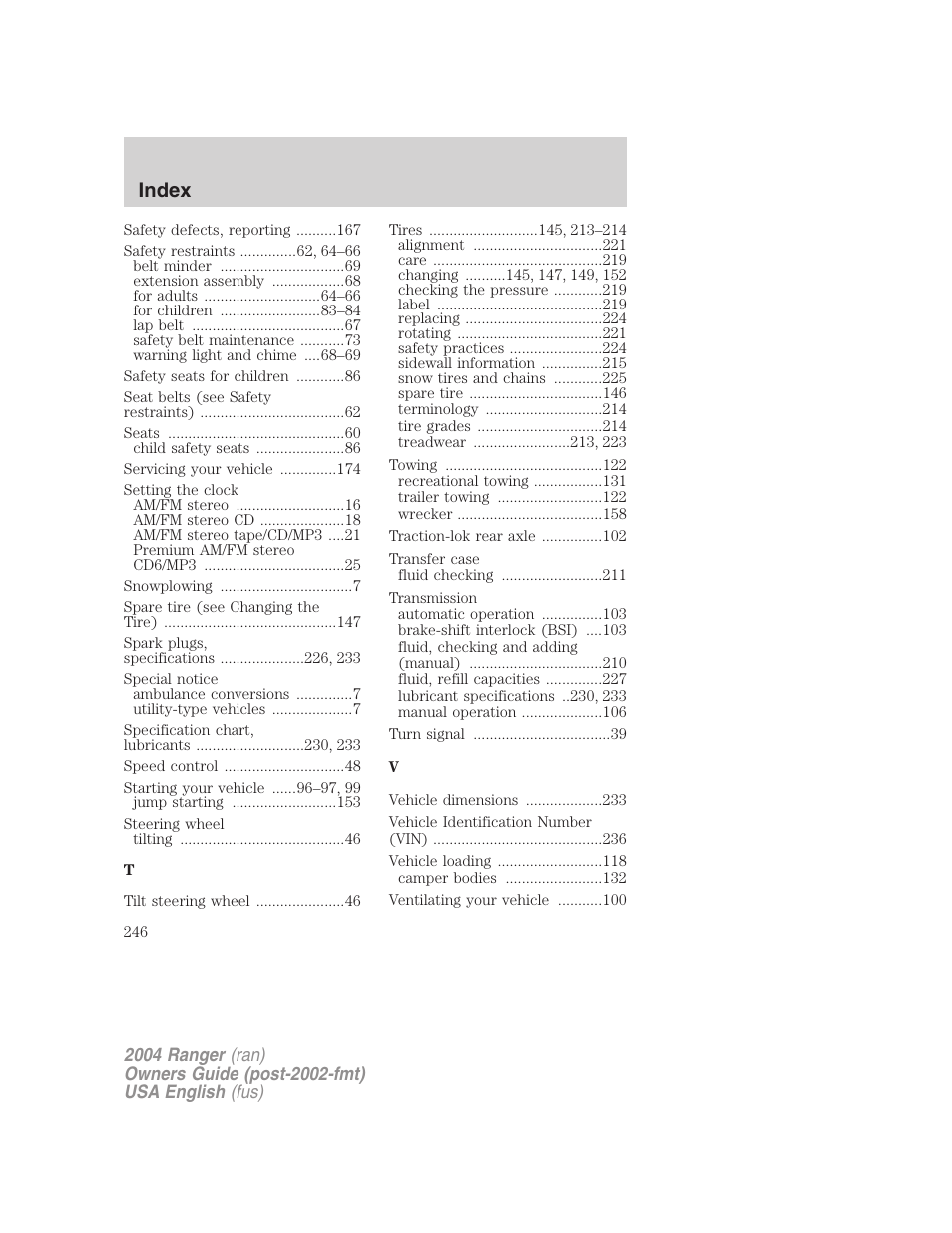 Index | FORD 2004 Ranger v.2 User Manual | Page 246 / 248