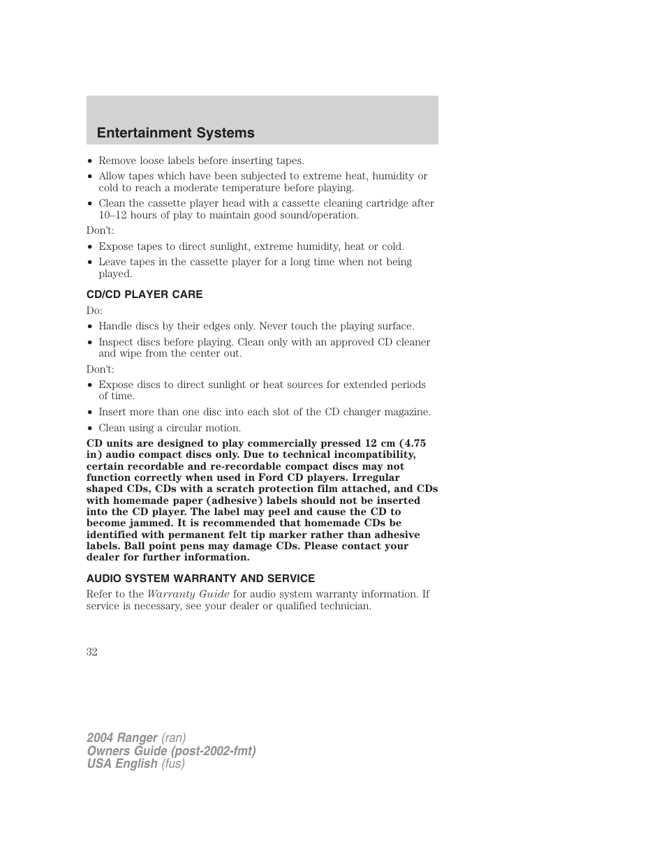Entertainment systems | FORD 2004 Ranger v.2 User Manual | Page 32 / 248