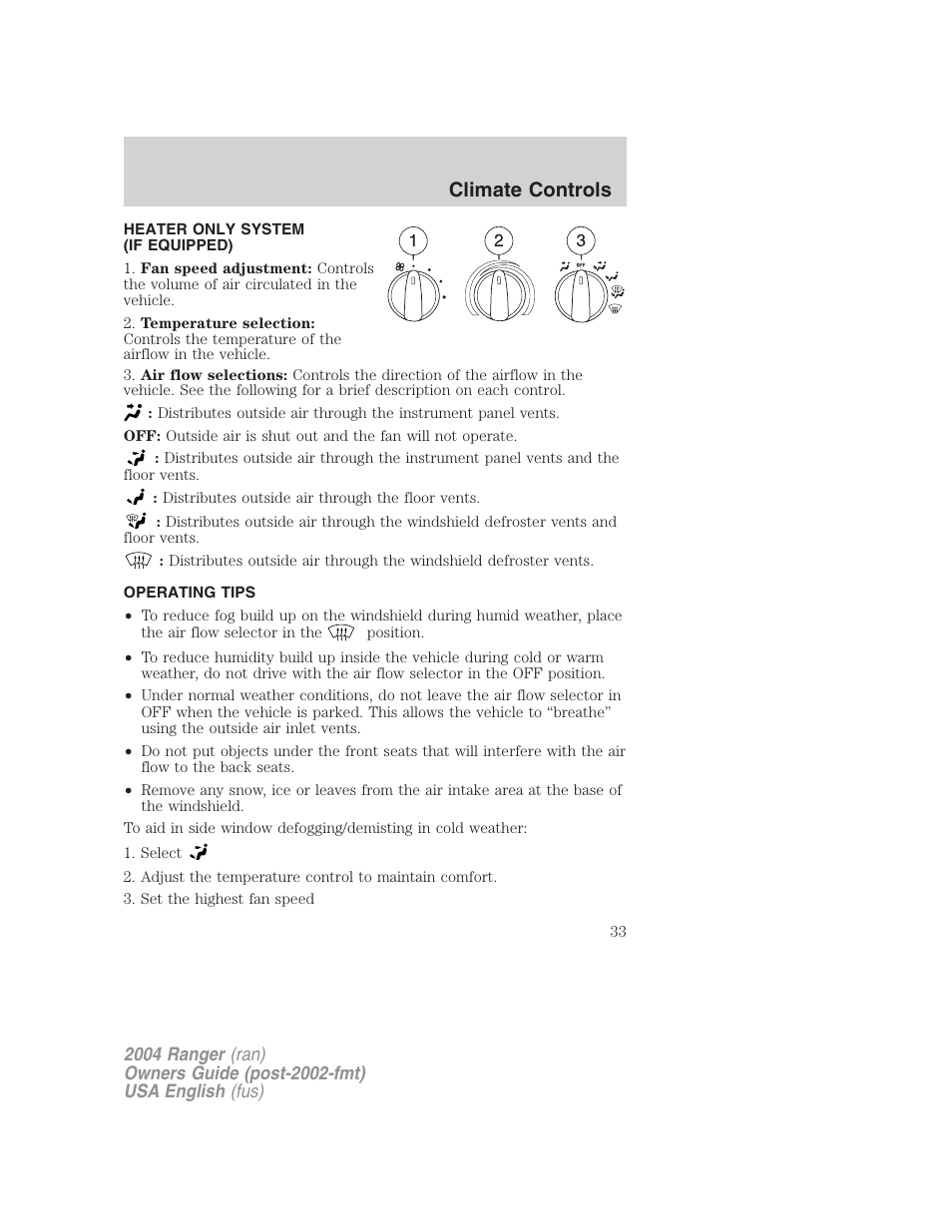 Climate controls | FORD 2004 Ranger v.2 User Manual | Page 33 / 248