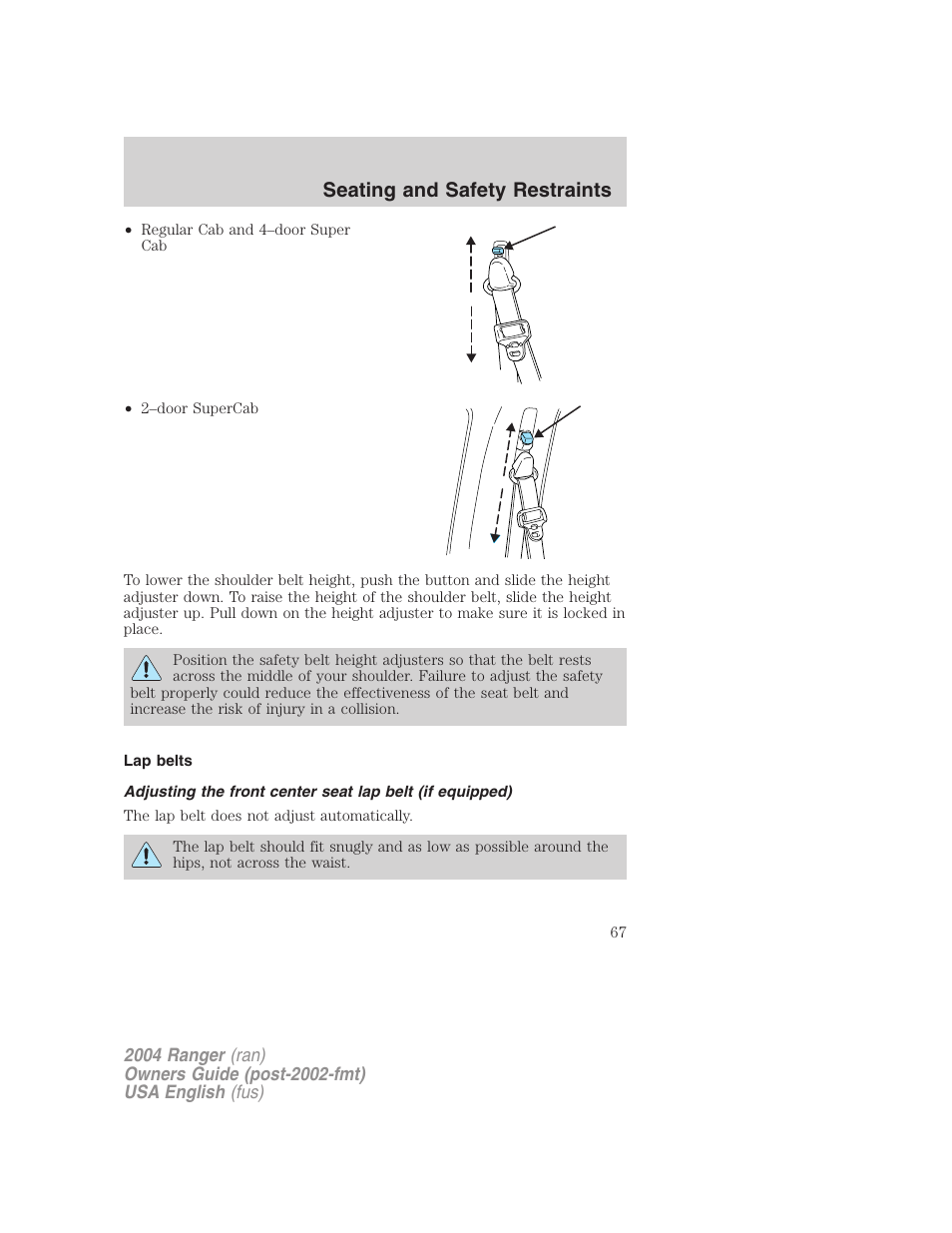 Seating and safety restraints | FORD 2004 Ranger v.2 User Manual | Page 67 / 248