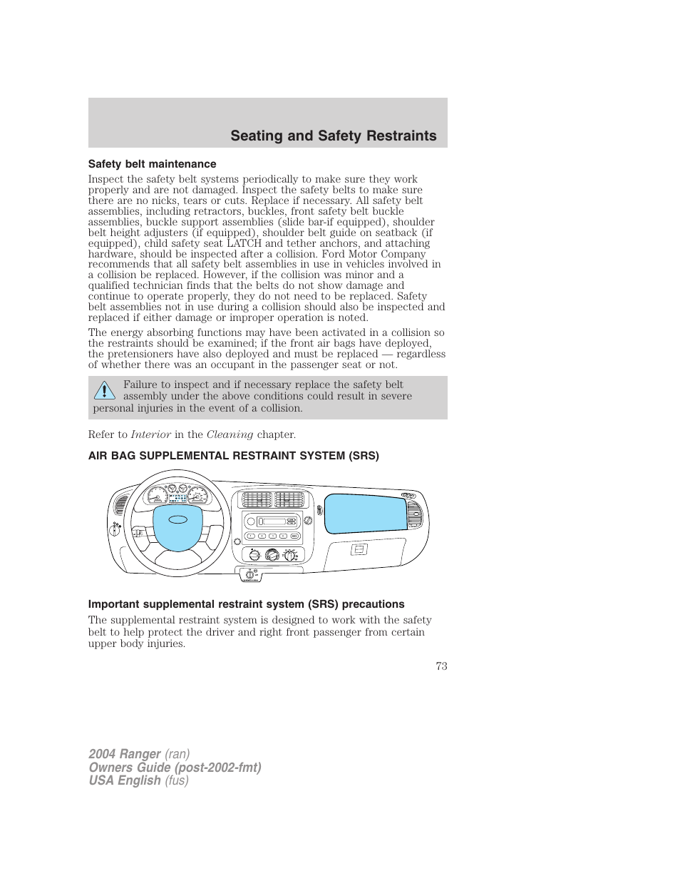 Seating and safety restraints | FORD 2004 Ranger v.2 User Manual | Page 73 / 248