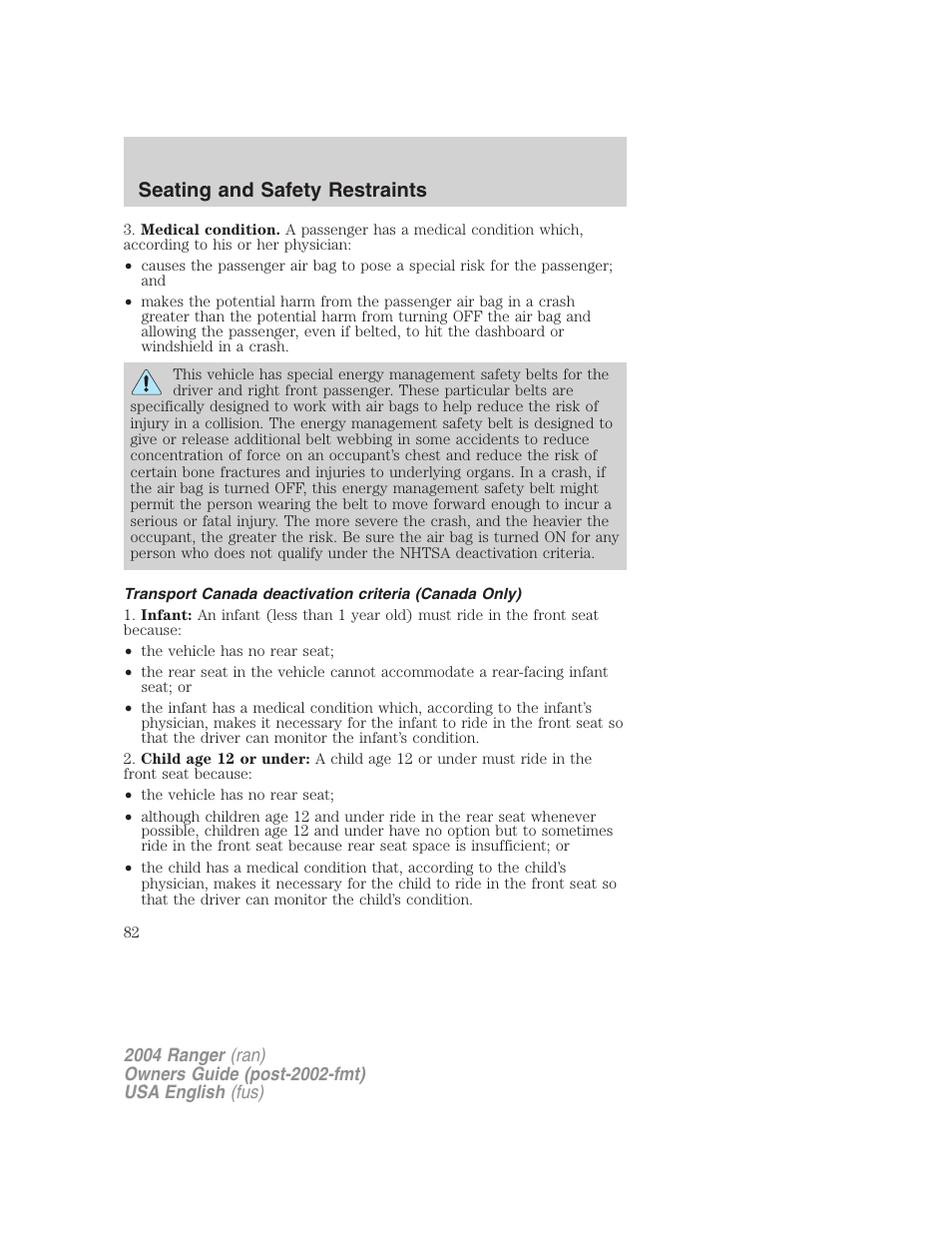 Seating and safety restraints | FORD 2004 Ranger v.2 User Manual | Page 82 / 248