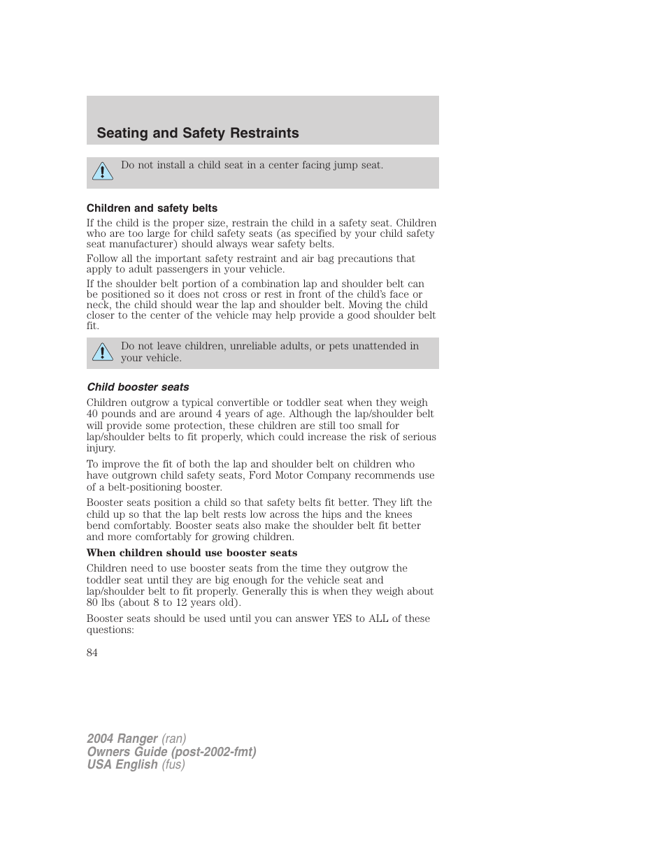 Seating and safety restraints | FORD 2004 Ranger v.2 User Manual | Page 84 / 248