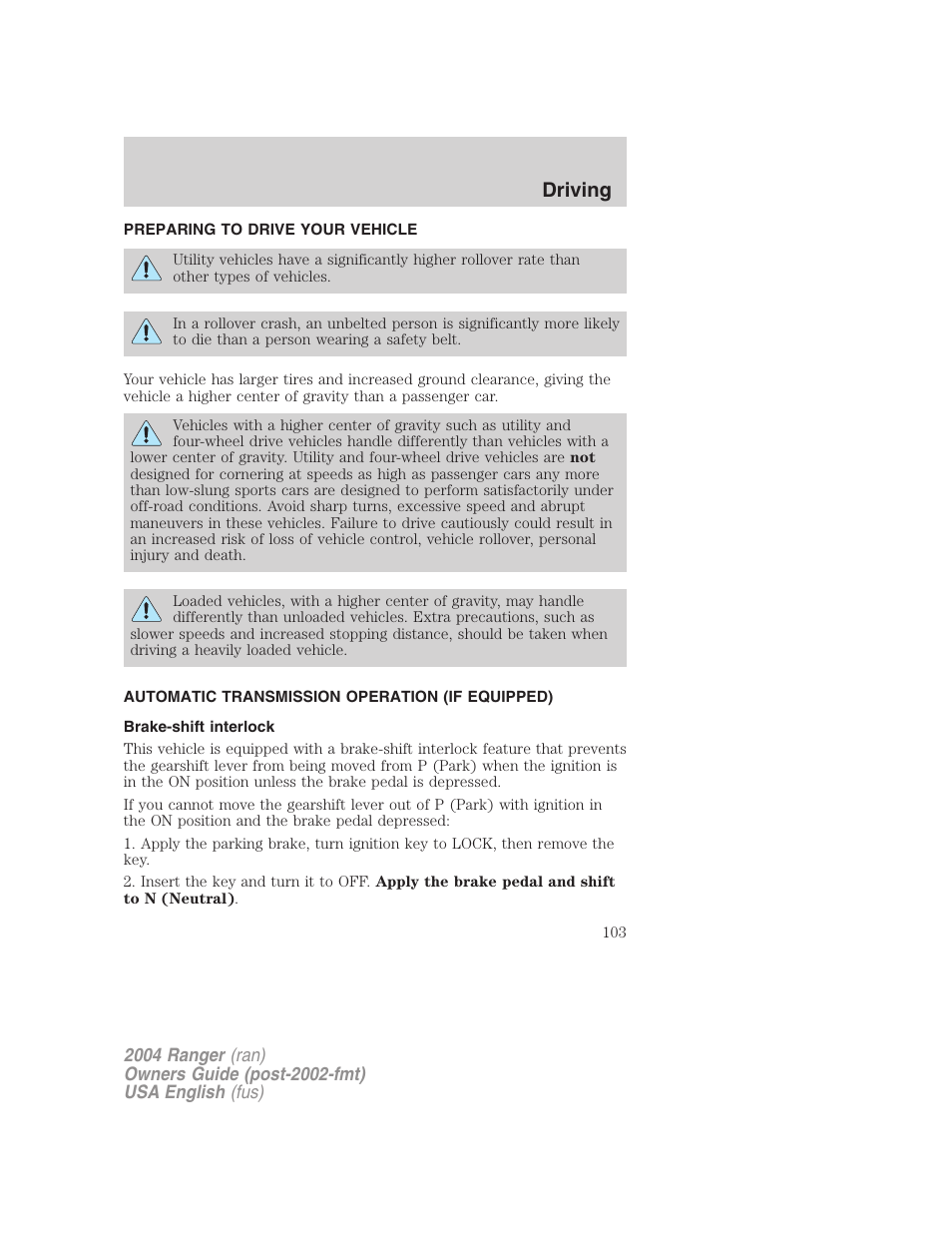 Driving | FORD 2004 Ranger v.3 User Manual | Page 103 / 248