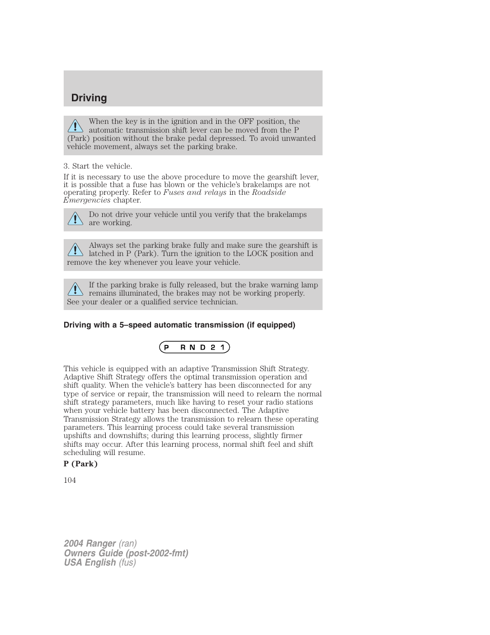 Driving | FORD 2004 Ranger v.3 User Manual | Page 104 / 248