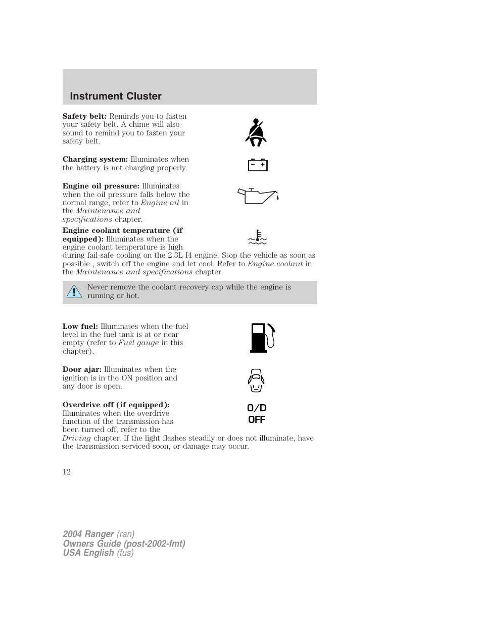 Instrument cluster | FORD 2004 Ranger v.3 User Manual | Page 12 / 248