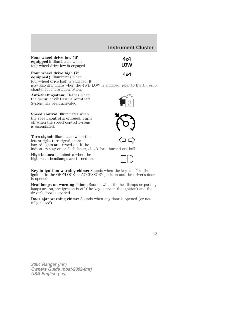 Instrument cluster | FORD 2004 Ranger v.3 User Manual | Page 13 / 248