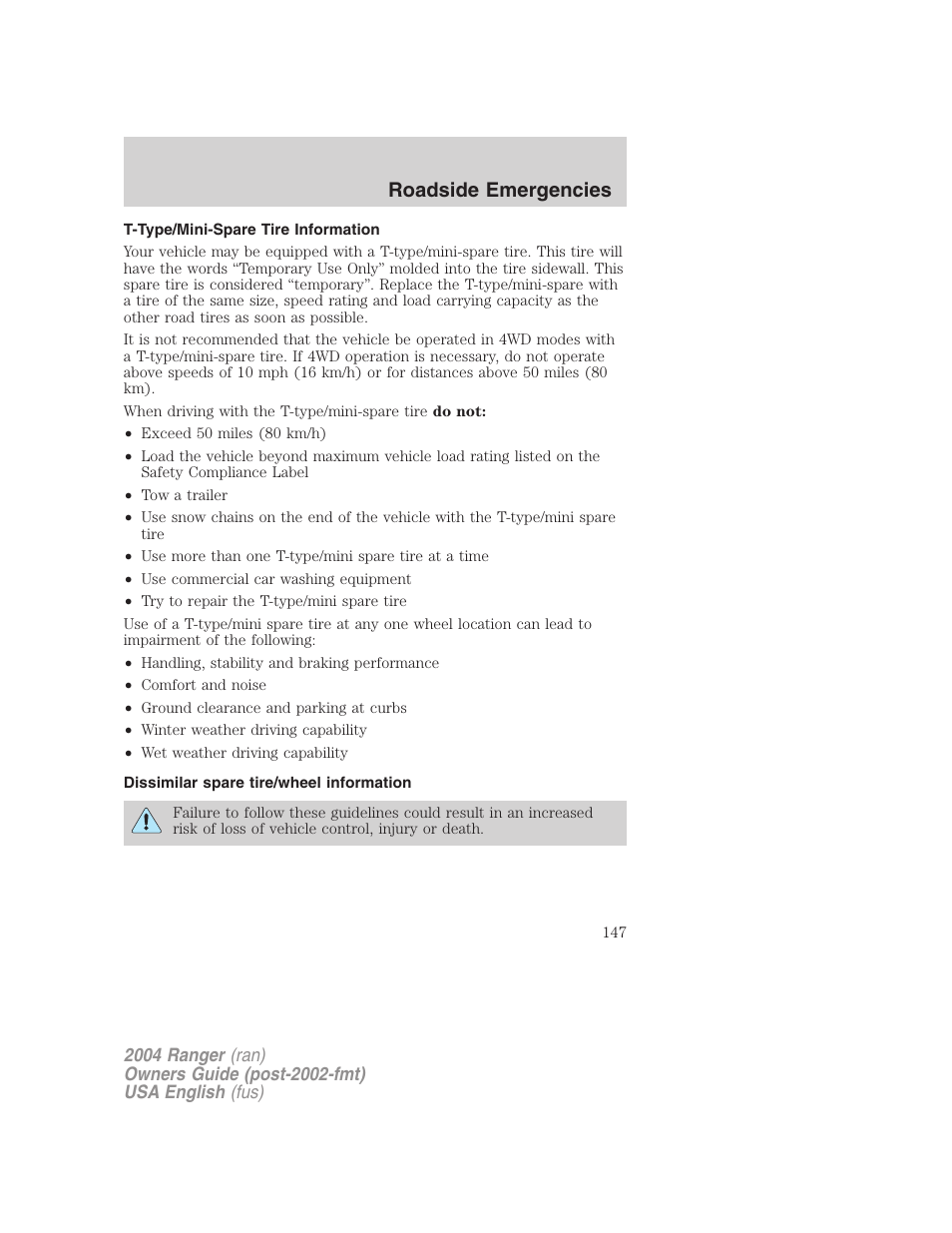 Roadside emergencies | FORD 2004 Ranger v.3 User Manual | Page 147 / 248