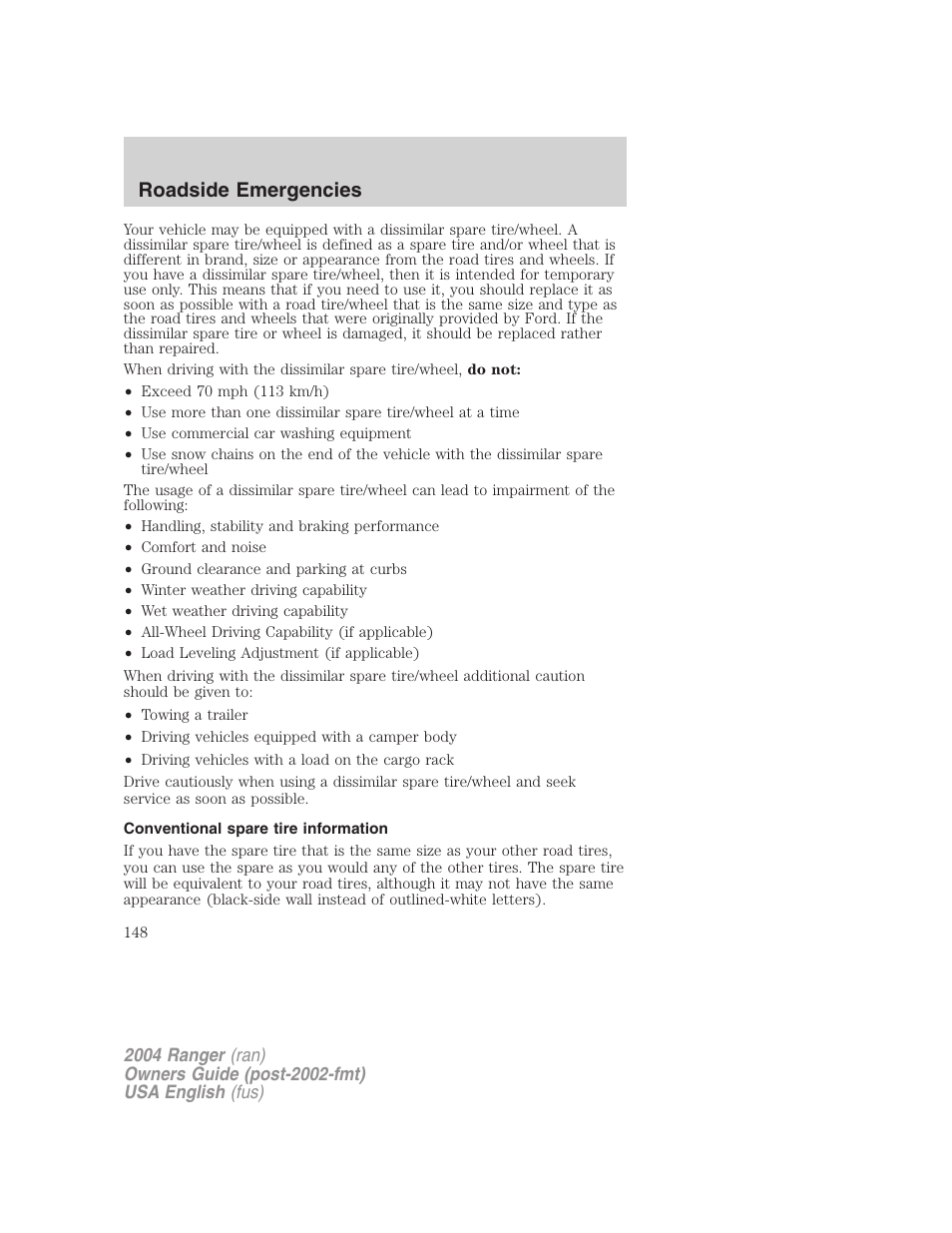 Roadside emergencies | FORD 2004 Ranger v.3 User Manual | Page 148 / 248