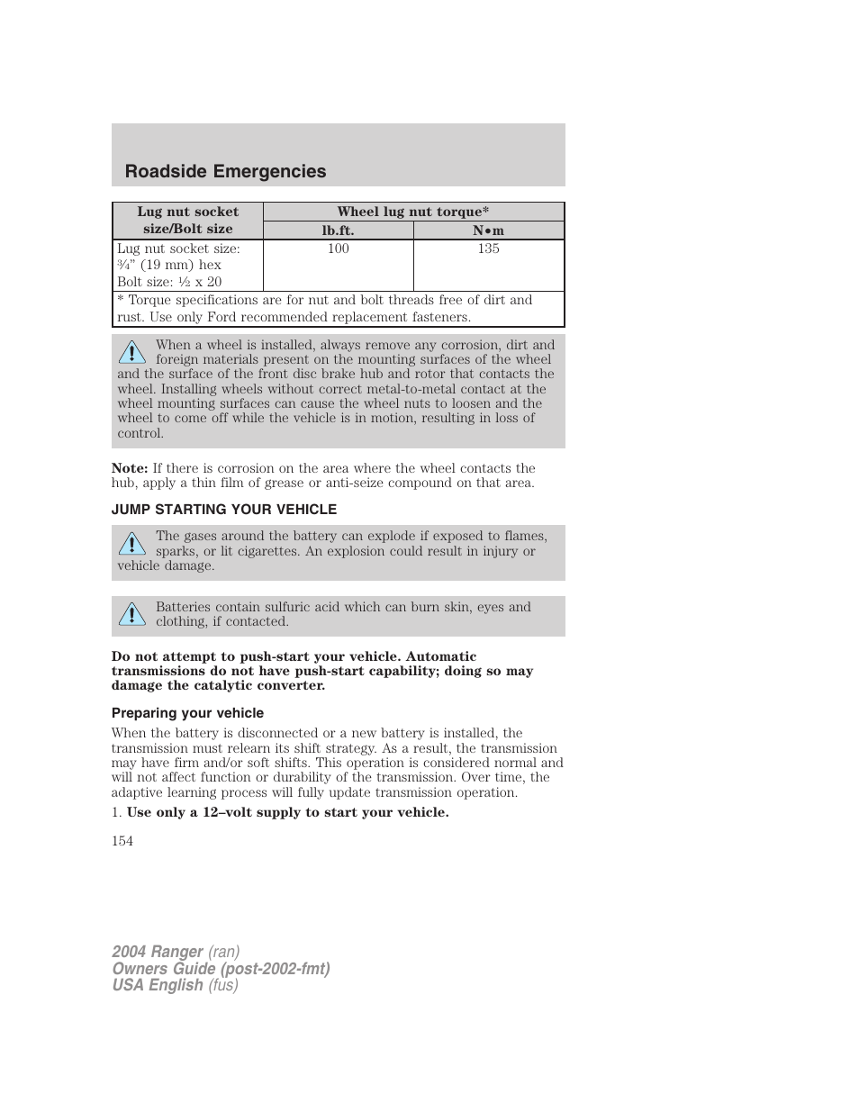 Roadside emergencies | FORD 2004 Ranger v.3 User Manual | Page 154 / 248