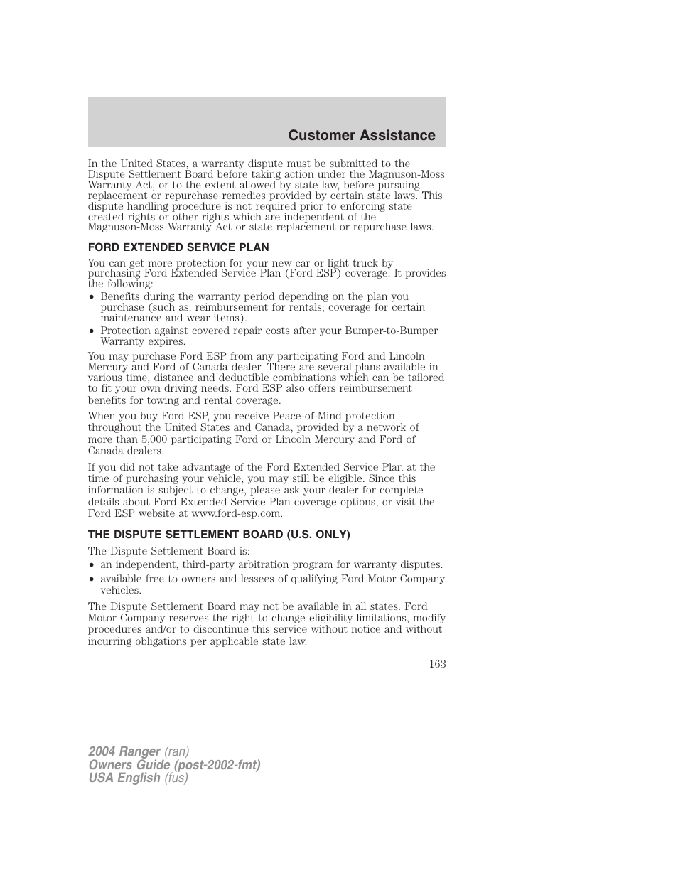 Customer assistance | FORD 2004 Ranger v.3 User Manual | Page 163 / 248