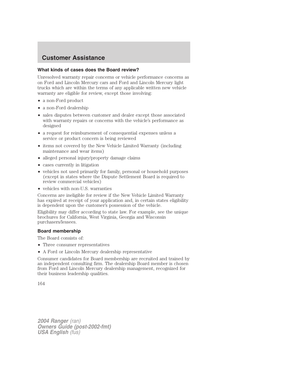 Customer assistance | FORD 2004 Ranger v.3 User Manual | Page 164 / 248