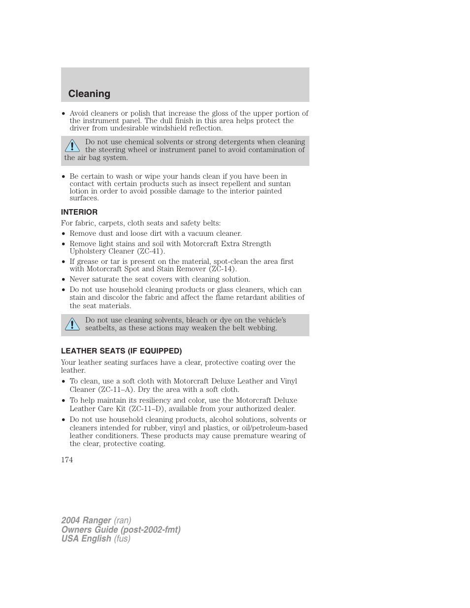 Cleaning | FORD 2004 Ranger v.3 User Manual | Page 174 / 248