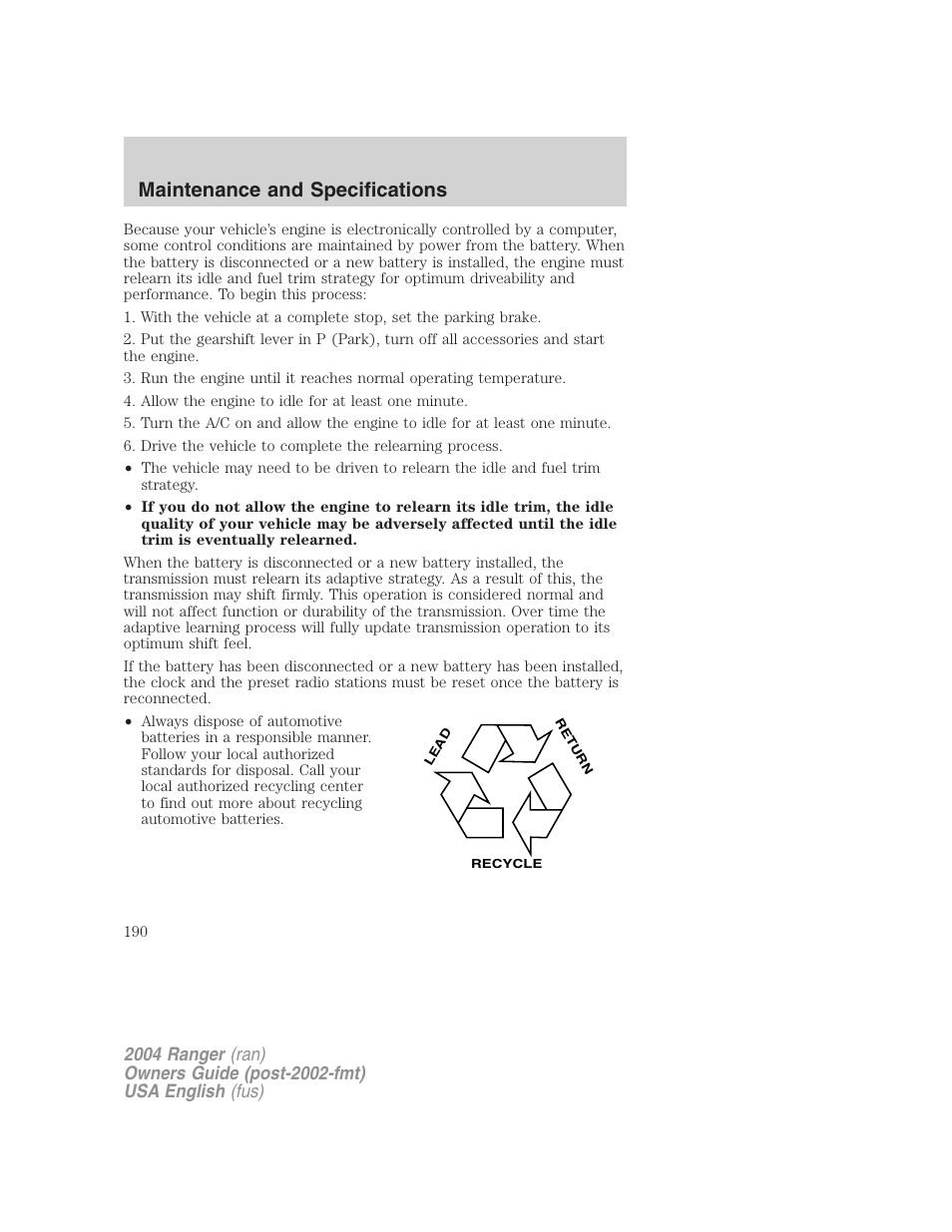 Maintenance and specifications | FORD 2004 Ranger v.3 User Manual | Page 190 / 248