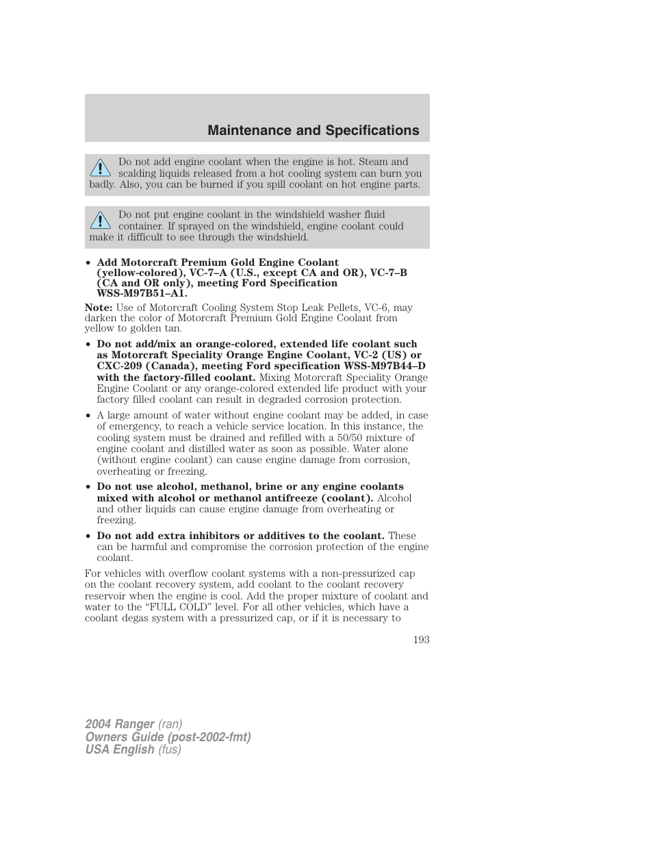 Maintenance and specifications | FORD 2004 Ranger v.3 User Manual | Page 193 / 248