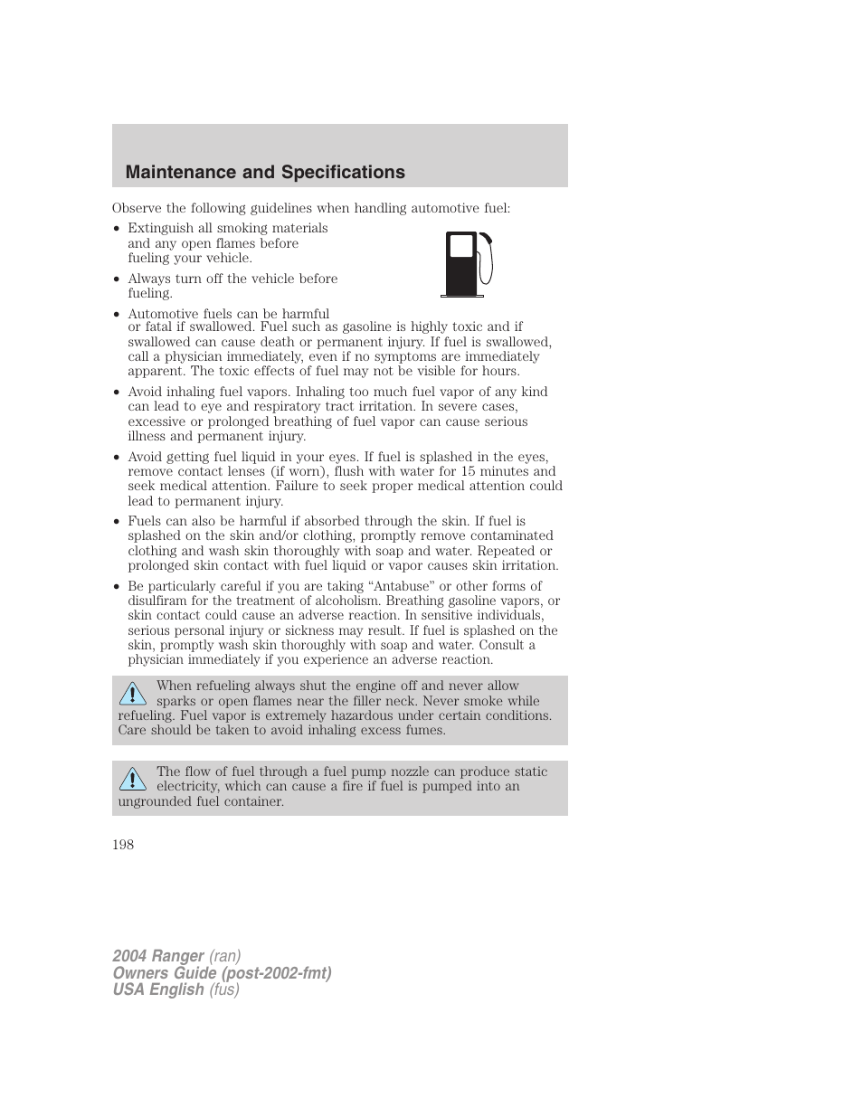 Maintenance and specifications | FORD 2004 Ranger v.3 User Manual | Page 198 / 248
